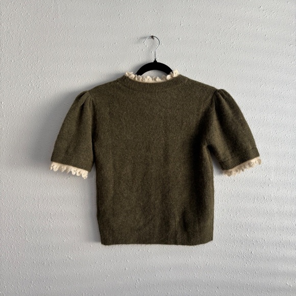 NWT ZARA Olive Green Alpaca Wool Blend Ruffle Collar Short Sleeve Sweater - Picture 6 of 7